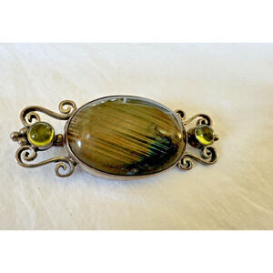 SAJEN Sterling Silver Brooch Pin Pendant Labradorite Green Moonstone Cabochon